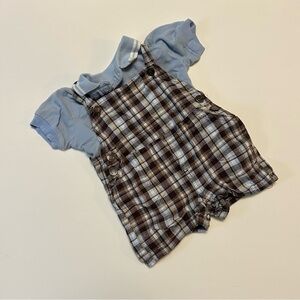 💚 Blue and Brown Plaid Kids Polo Shirt & Overall Set